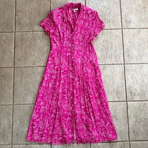 Vtg. Dressbarn Novelty Print Button Front Midi Dress Women 10 Pink Short Sleeve